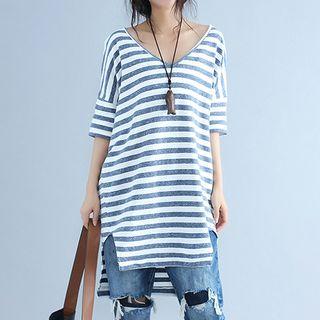 Striped Short-sleeve V-neck Long T-shirt