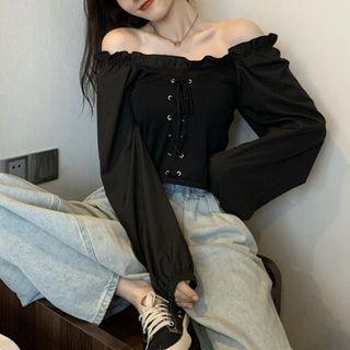 Ruffle Off-shoulder Drawstring Long-sleeve Top