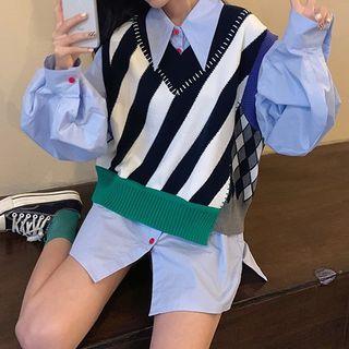 Puff-sleeve Shirt / Zebra Print Sweater Vest