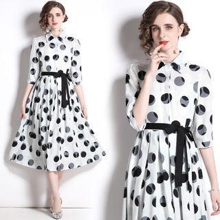 Elbow-sleeve Dotted Midi A-line Shirt Dress