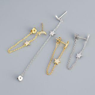 Moon & Star Rhinestone Chain Sterling Silver Earring