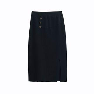 High Waist Slit Midi Pencil Skirt Black - One Size