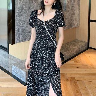 Short-sleeve Square Neck Floral Slit Midi Dress