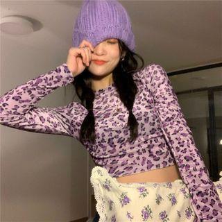 Long-sleeve Leopard Print Crop Top Leopard - Purple - One Size