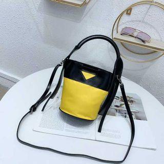 Faux Leather Panel Oxford Shoulder Bucket Bag
