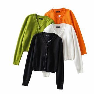 V-neck Plain Cropped Knit Cardigan