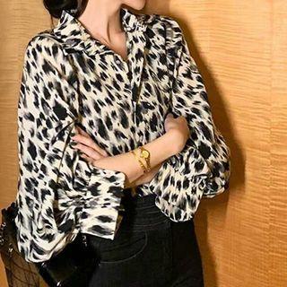 Lantern-sleeve Leopard Print Loose Fit Chiffon Shirt