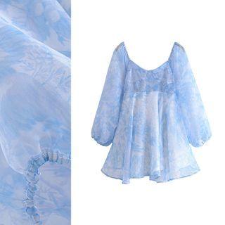 Puff Sleeve Printed Organza Mini Dress