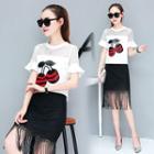 Set: Mesh Panel Printed Short-sleeve Top + Fringed Midi Lace Skirt