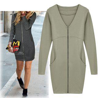 Long-sleeve V-neck Zip Dress
