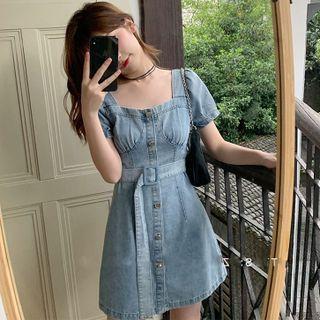 Square-neck Puff-sleeve A-line Denim Dress