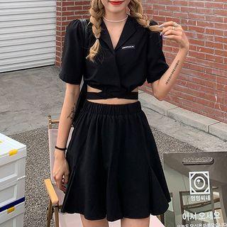 Short-sleeve Wrap Shirt / Mini A-line Skirt