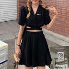 Short-sleeve Wrap Shirt / Mini A-line Skirt