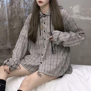 Hood Plaid Shirt Jacket Light Gray - One Size