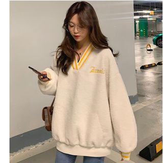 V-neck Fleece Letter Embroidered Pullover