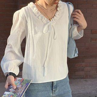 Long-sleeve V-neck Lace Trim Lace-up Plain Loose Fit Blouse