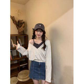 Long-sleeve Mock Two-piece T-shirt Melange Gray - One Size