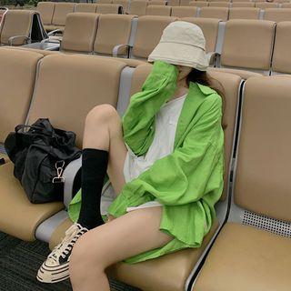 Elbow-sleeve V-neck Slit T-shirt / Plain Shirt