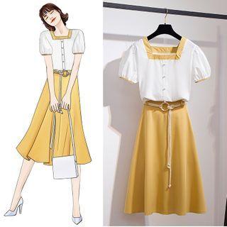 Square Neck Short-sleeve Top / Midi A-line Skirt / Set