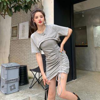 Short-sleeve Crop Top / Spaghetti Strap Drawstring Mini Bodycon Dress