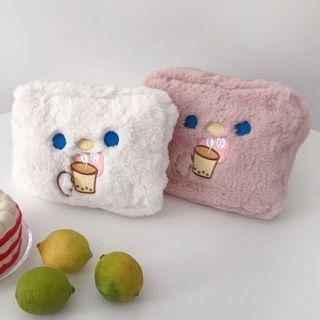 Embroidered / Leopard Print Fluffy Pouch