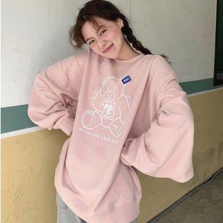 Long-sleeve Bear Print Wide Sweatshirt
