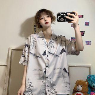 Short-sleeve Bamboo Print Shirt White - One Size