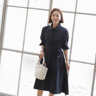 Puff-sleeve Belted Midi Flare Shirtdress