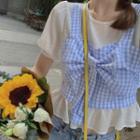 Short-sleeve Mock Two-piece Gingham Blouse