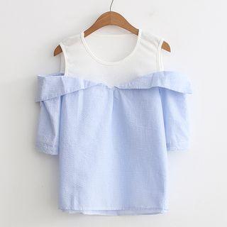Mock Two-piece Open Shoulder Short-sleeve Top