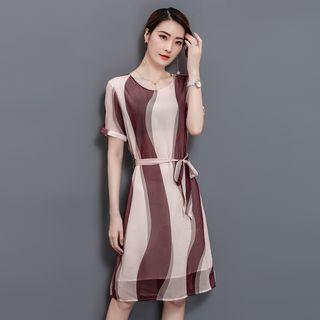 Short-sleeve Striped A-line Chiffon Dress