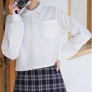 Long-sleeve Plain Crop Polo Shirt