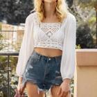Long-sleeve Chiffon Panel Perforated Lace Crop Top