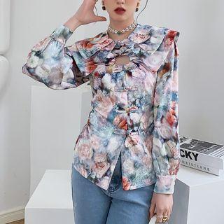 Long-sleeve Floral Print Cutout Frog-button Blouse