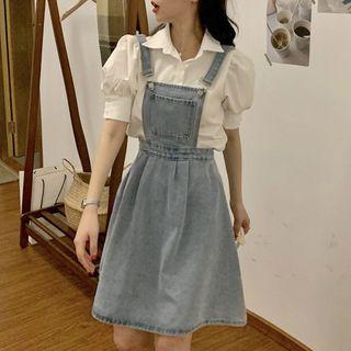 Denim Mini A-line Overall Dress / Puff-sleeve Blouse