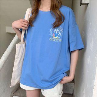 Palm Tree Print Lettering Elbow-sleeve T-shirt