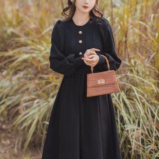 Long-sleeve Cable Knit Panel Midi A-line Dress