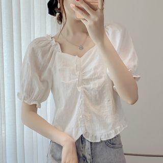Puff-sleeve Plain Ruffle Trim Top
