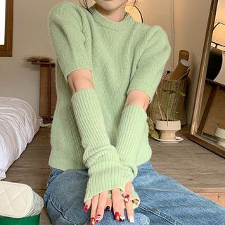 Short-sleeve Plain Ribbed Knit Top With Arm Sleeves