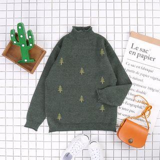 Christmas Tree Print Mock-neck Sweater
