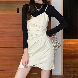 Set: Long-sleeve Plain T-shirt + Faux Leather Mini Overall Dress