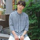 Mandarin-collar 3/4-sleeve Gingham Shirt