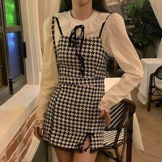Eyelet Lace Blouse / Houndstooth Mini Overall Dress
