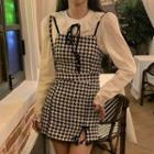 Eyelet Lace Blouse / Houndstooth Mini Overall Dress