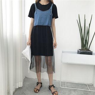 Set: Strappy Denim Panel Dress + Short-sleeve T-shirt Dress