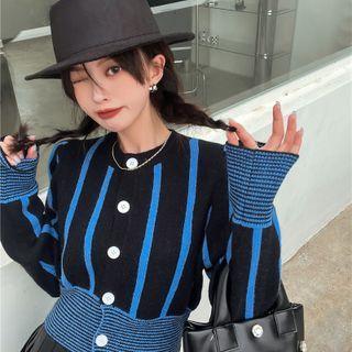 Puff-sleeve Striped Cropped Cardigan