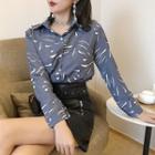 Printed Long-sleeve Shirt / Faux-leather Pencil Skirt