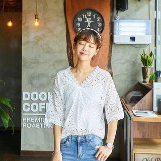 V-neck 3/4-sleeve Eyelet-lace Top