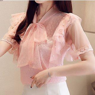 Short-sleeve Bow Accent Imitation Pearls Chiffon Blouse