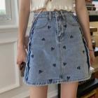 High-waist Heart Embroidered Denim A-line Skirt